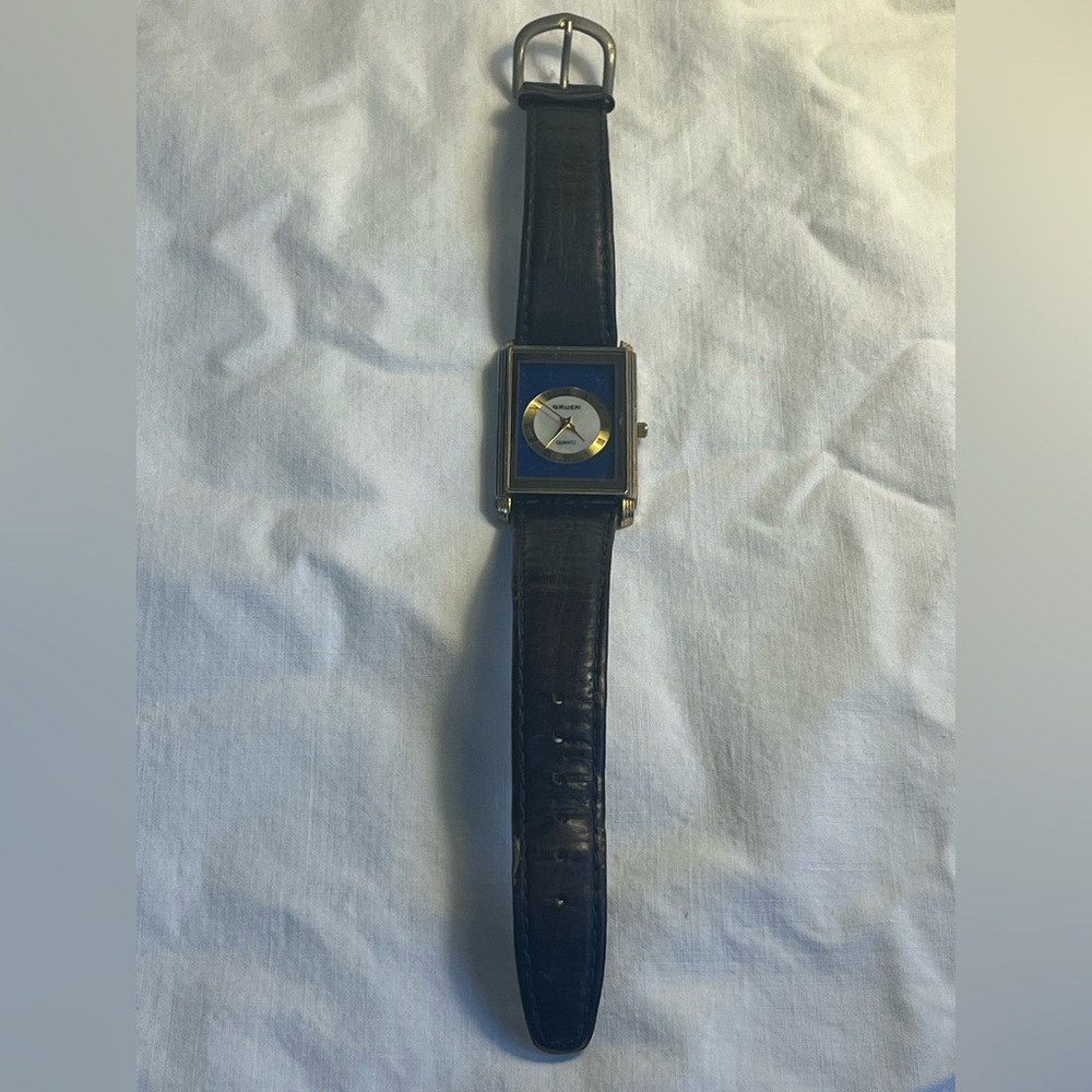 Gruen Rectangular Quartz Watch in Blue and Gold - Picture 3 of 5